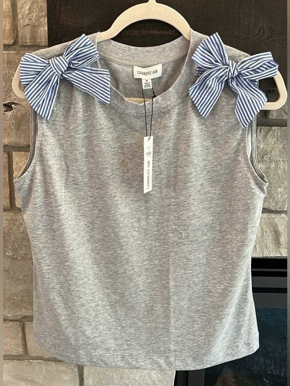 Current Air Gray Tank Top with Blue Striped Shoulder Bows